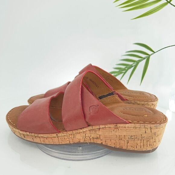 Born Sandals Women's 9 Luna Slide Red Leather Slip On Wedge Casual Open Toe - Picture 12 of 16